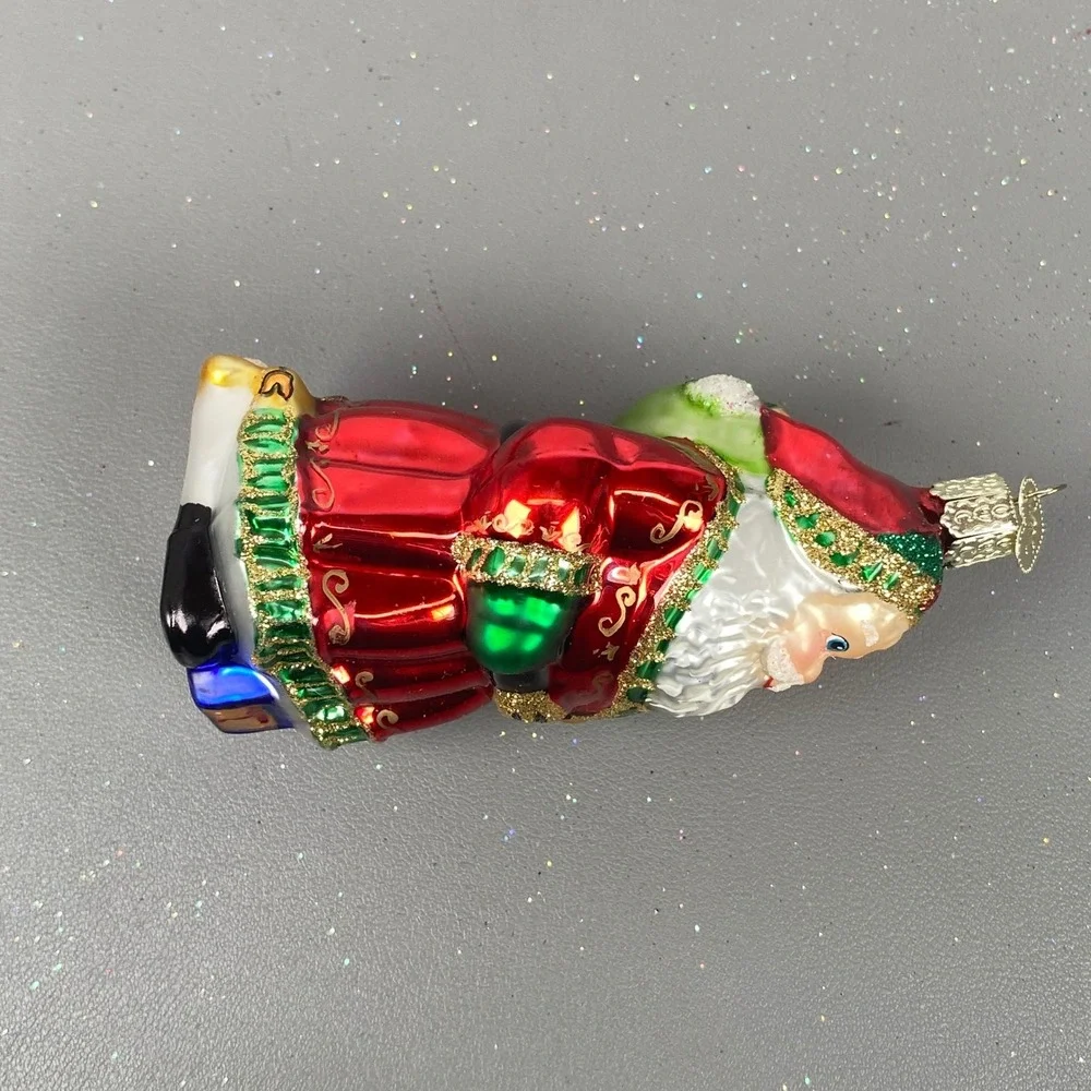 Old World Christmas 2 Santa Claus Glass Holiday Glitter Ornaments Blue & Red